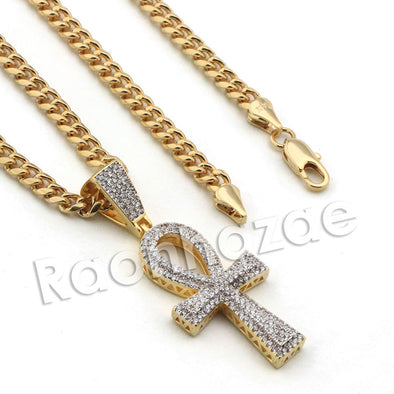 Lab diamond Micro Pave Egyptian Ankh Cross Pendant w/ Miami Cuban Chain BR105 - Raonhazae