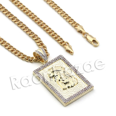 Lab diamond Micro Pave Framed Jesus Face Pendant w/ Miami Cuban Chain BR108 - Raonhazae