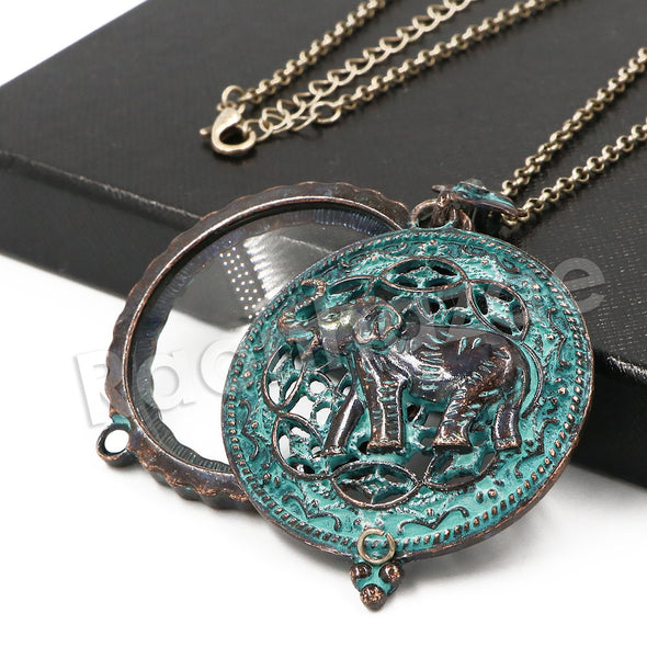 Patina Antique Vintage Design Elephant 5X Magnifying Glass Locket Pendant Necklace - Raonhazae