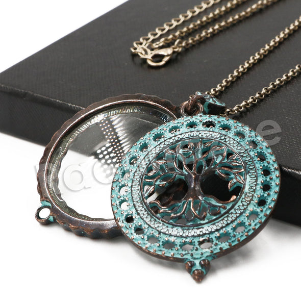 Patina Antique Vintage Design Tree of Life 5X Magnifying Glass Locket Pendant Necklace - Raonhazae