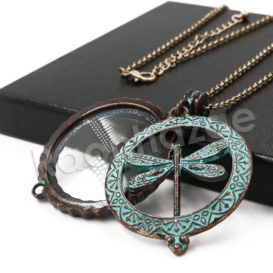 Patina Antique Vintage Design Butterfly Effect 5X Magnifying Glass Locket Pendant Necklace - Raonhazae