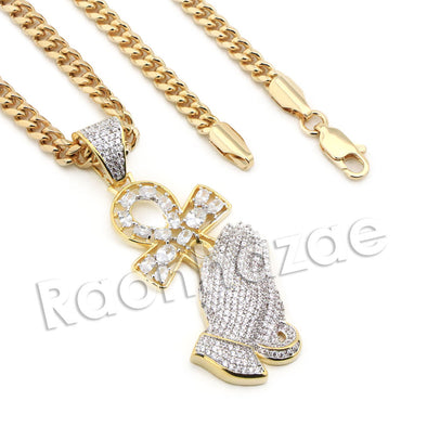 Lab diamond Micro Pave Jesus Praying Hands Pendant w/ Miami Cuban Chain BR124 - Raonhazae