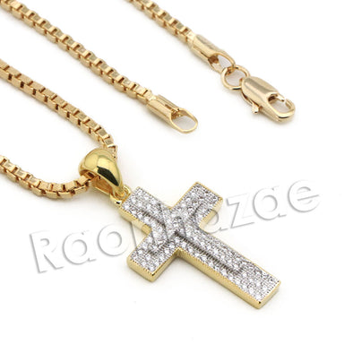 Lab diamond Micro Pave Double Jesus Cross Pendant w/ Miami Cuban Chain BR127 - Raonhazae