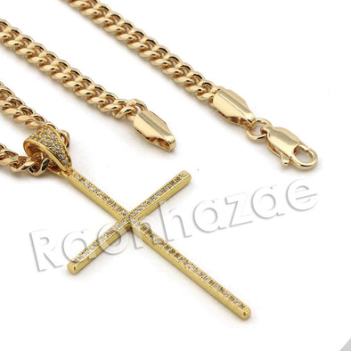 Lab diamond Micro Pave Super Thin Jesus Cross Pendant w/ Miami Cuban Chain BR128 - Raonhazae