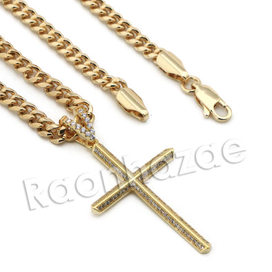Lab diamond Micro Pave Thin Embos Jesus Cross Pendant w/ Miami Cuban Chain BR129 - Raonhazae