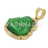 Stainless Steel Gold Smiling Chubby Buddha (Green Jade) Pendant w/Cuban Chain - Raonhazae