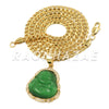 Stainless Steel Gold Smiling Chubby Buddha (Green Jade) Pendant w/Cuban Chain - Raonhazae