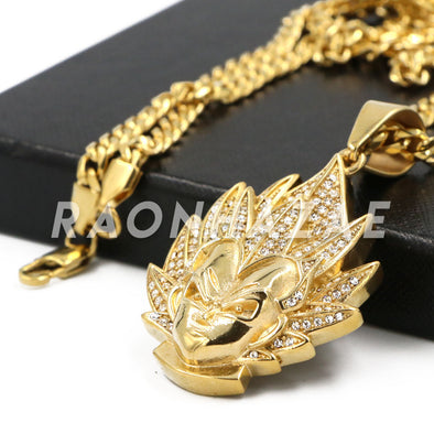 Stainless Steel Gold Dragon Ball Z "Goku" Pendant w/Cuban Chain - Raonhazae