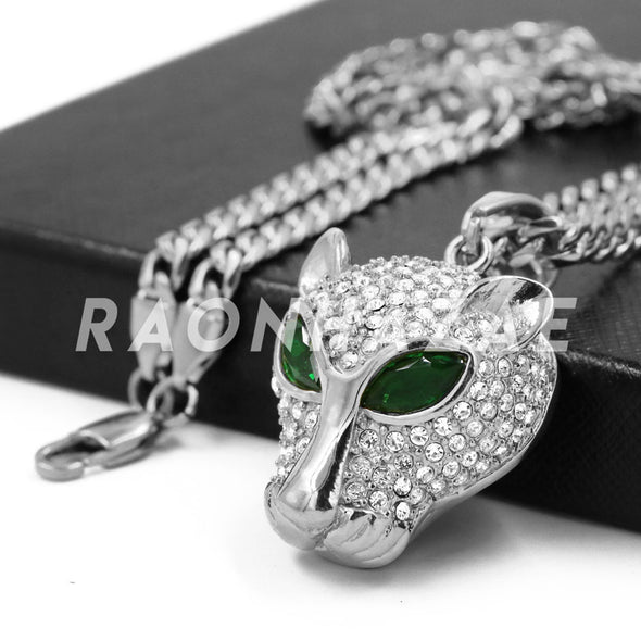 Stainless Steel Silver Emerald Eyed Panther Pendant w/Cuban Chain - Raonhazae