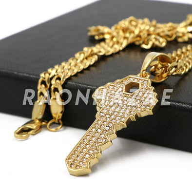 Stainless Steel Gold Key Pendant w/Cuban Chain - Raonhazae