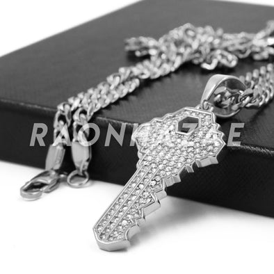 Stainless Steel Silver Key Pendant w/Cuban Chain - Raonhazae