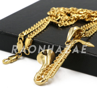 Stainless Steel Gold Jazz Saxophone Pendant w/Cuban Chain - Raonhazae