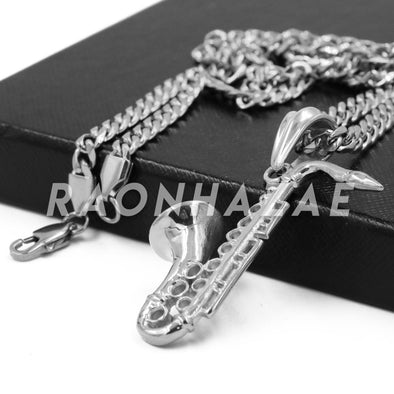 Stainless Steel Silver Saxophone Pendant w/Cuban Chain - Raonhazae