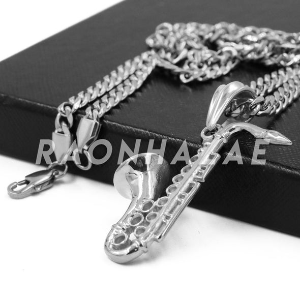 Stainless Steel Silver Saxophone Pendant w/Cuban Chain - Raonhazae