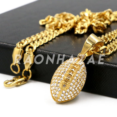 Stainless Steel Gold Football Pendant w/Cuban Chain - Raonhazae