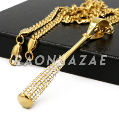 Stainless Steel Gold Baseball "Bomber" Bat Pendant w/Cuban Chain - Raonhazae