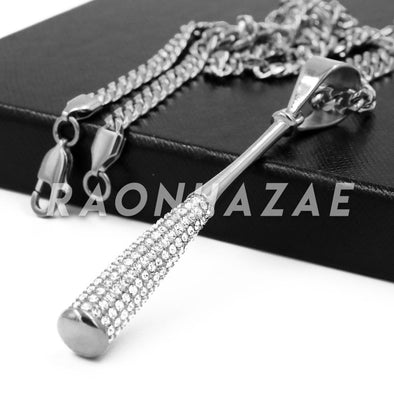 Stainless Steel Silver Baseball "Bomber" Bat Pendant w/Cuban Chain - Raonhazae