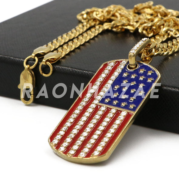 Stainless Steel Gold American Flag Dog Tag Pendant w/Cuban Chain - Raonhazae