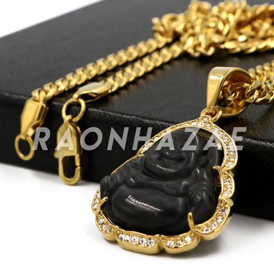 Stainless Steel Gold Smiling Chubby Buddha (Black Jade) Pendant w/Cuban Chain - Raonhazae