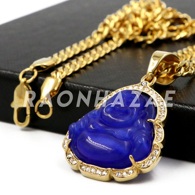 Stainless Steel Gold Smiling Chubby Buddha (Blue Jade) Pendant w/Cuban Chain - Raonhazae