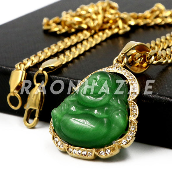 Stainless Steel Gold Smiling Chubby Buddha (Green Jade) Pendant w/Cuban Chain - Raonhazae