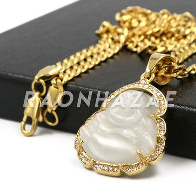 316L Stainless Steel Gold Smiling Chubby Buddha (White Jade) Pendant w/Cuban Chain - Raonhazae