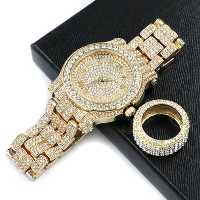 HIP HOP RAONHAZAE LIL G GOLD FINISHED LAB DIAMOND WATCH & RING SET. - Raonhazae