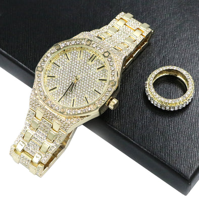 HIPHOP RAONHAZAE POST MALON GOLD FINISHED LAB DIAMOND WATCH & RING SET. - Raonhazae