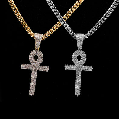 Mens 14K Gold Ankh Cross Charm Brass Pendant W/5mm 24" 30" Cuban Chain - Raonhazae