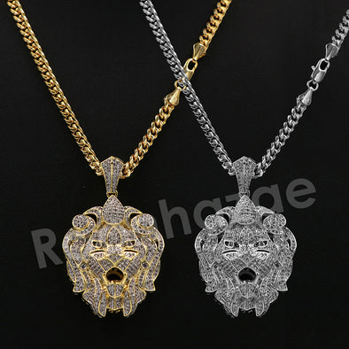 14K Pt Gold FEROCIOUS LION FACE Pendant W/5mm 24" 30" Cuban Chain - Raonhazae