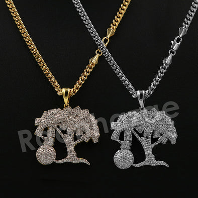 14K PT Gold MONEY TREE Pendant W/5mm 24" 30" Cuban Chain - Raonhazae