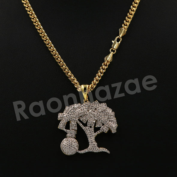 14K PT Gold MONEY TREE Pendant W/5mm 24" 30" Cuban Chain - Raonhazae