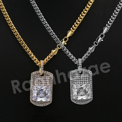 14K PT Gold BIG DIAMOND DOGTAG Pendant W/5mm 24" 30" Cuban Chain - Raonhazae