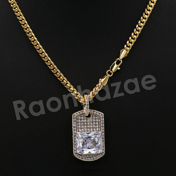14K PT Gold BIG DIAMOND DOGTAG Pendant W/5mm 24" 30" Cuban Chain - Raonhazae