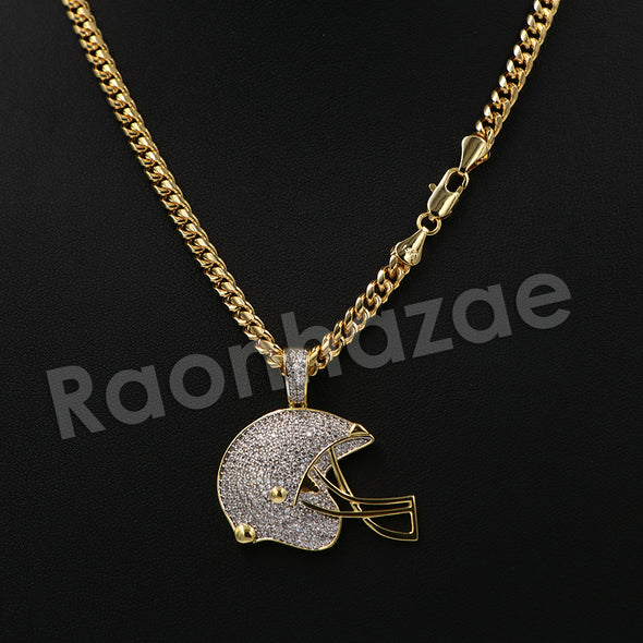 14K PT Gold FOOT BALL HELMET Pendant W/5mm 24" 30" Cuban Chain - Raonhazae