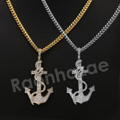 14K PT Gold SAILOR ANCHOR Pendant W/5mm 24" 30" Cuban Chain - Raonhazae