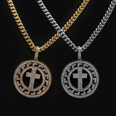 14K Pt Gold Medallion Cross Brass Pendant W/5mm 24" 30" Cuban Chain - Raonhazae