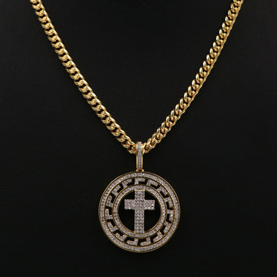 14K Pt Gold Medallion Cross Brass Pendant W/5mm 24" 30" Cuban Chain - Raonhazae