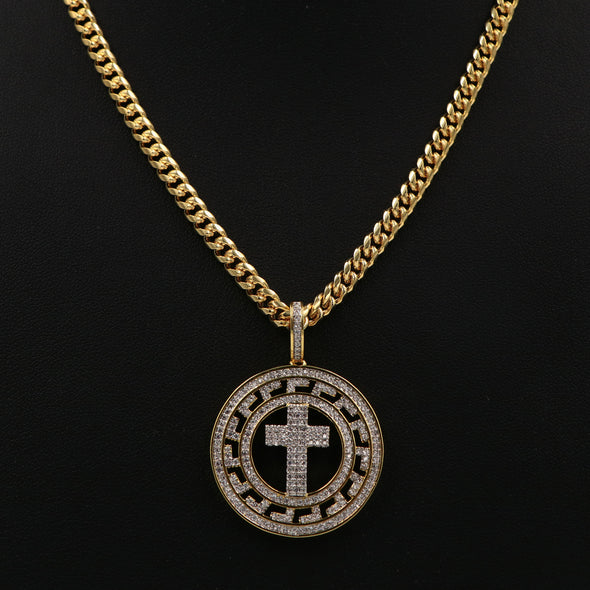 14K Pt Gold Medallion Cross Brass Pendant W/5mm 24" 30" Cuban Chain - Raonhazae