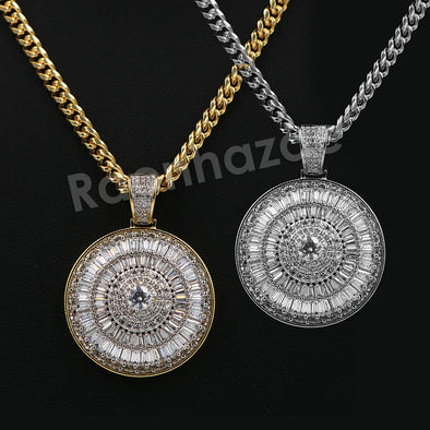 14K Pt Gold Round Spiral Disco Pendant W/5mm 24" 30" Cuban Chain - Raonhazae