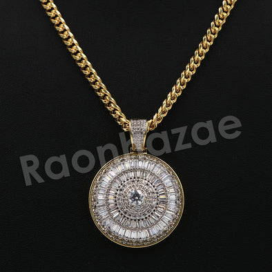 14K Pt Gold Round Spiral Disco Pendant W/5mm 24" 30" Cuban Chain - Raonhazae