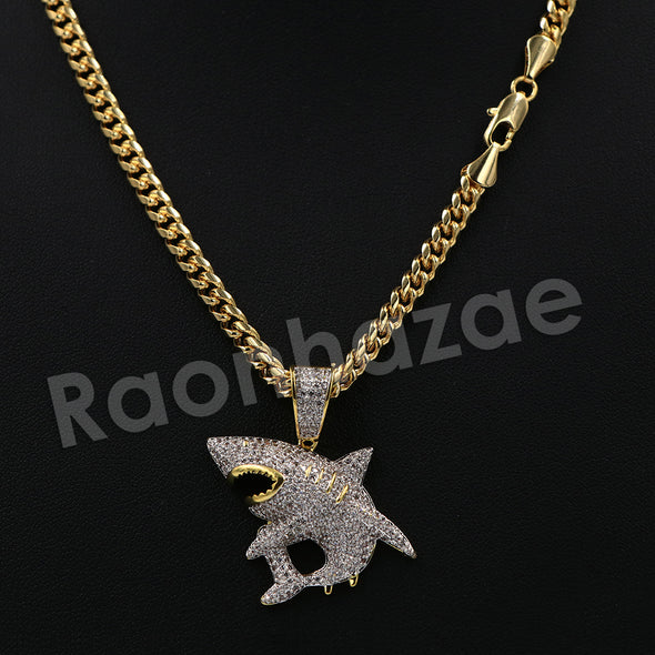 14K Pt Gold Round Shark Pendant W/5mm 24" 30" Cuban Chain - Raonhazae