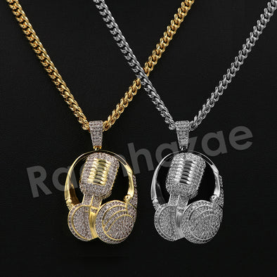 14K Pt Gold Round Microphone Fiend Pendant W/5mm 24" 30" Cuban Chain - Raonhazae