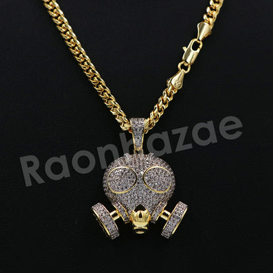 14K Pt Gold Round TOXIC GAS MASK Pendant W/5mm 24" 30" Cuban Chain - Raonhazae