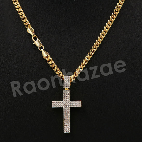 14K Pt Gold Round CLASSIC JESUS CROSS Pendant W/5mm 24" 30" Cuban Chain - Raonhazae