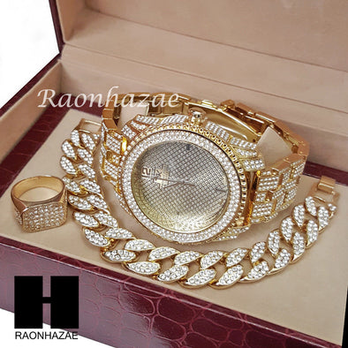 TECHNO KING ICED SET RAPPER 14K GOLD WATCH CUBAN BRACELET RING SET L013 - Raonhazae