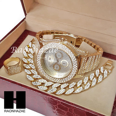 TECHNO KING ICED SET RAPPER 14K GOLD WATCH CUBAN BRACELET RING SET L015 - Raonhazae