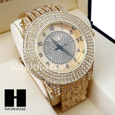 Men Hip Hop 14K Gold PT Crystal Techno King Rapper Metal Band Watch L10 - Raonhazae