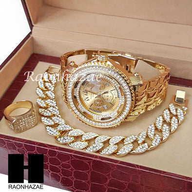 TECHNO KING ICED SET RAPPER 14K GOLD WATCH CUBAN BRACELET RING SET L12 - Raonhazae