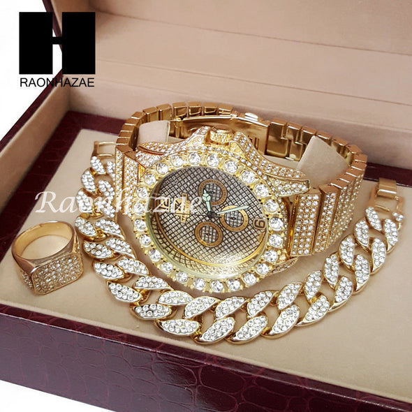 TECHNO KING ICED SET RAPPER 14K GOLD WATCH CUBAN BRACELET RING SET L16 - Raonhazae